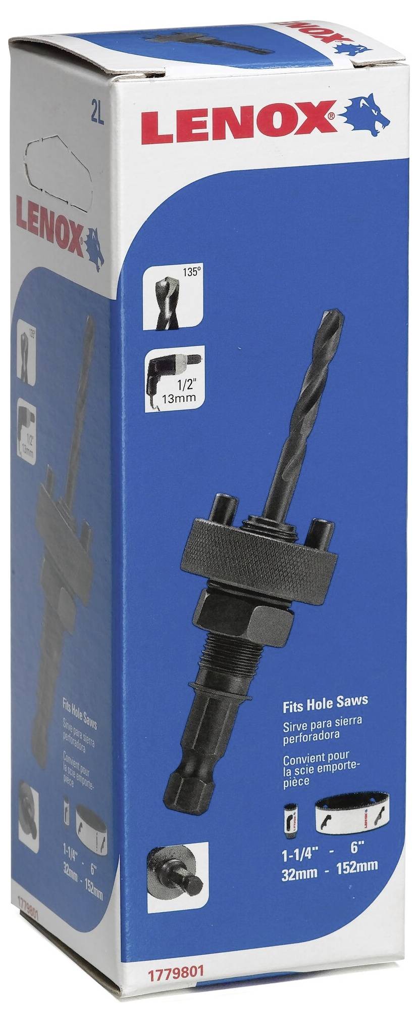 Een blauwe verpakking toont een gatenzaag-set van Lenox. Afgebeeld zijn boren en adapters met de vermelding 'Voor gatenzagen'.