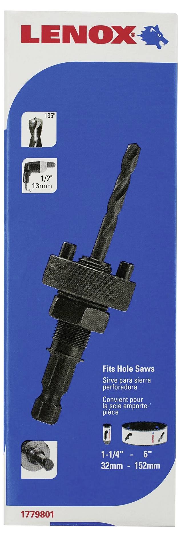 Packaging for 'Lenox' hole saw accessories, showing drill and specifications: 13mm shank, suitable for sizes 32mm to 152mm.
