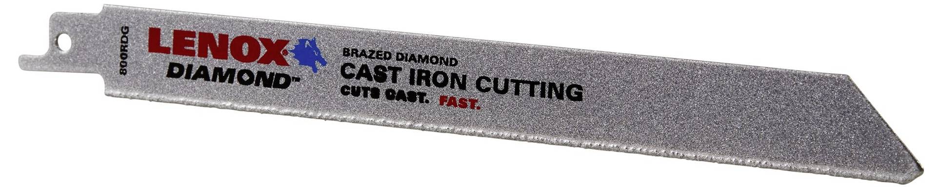 Een metalen zaagblad met het opschrift 'Lenox Diamond', speciaal ontwikkeld voor het zagen van gietijzer. Zilveren oppervlak met rode en blauwe accenten.