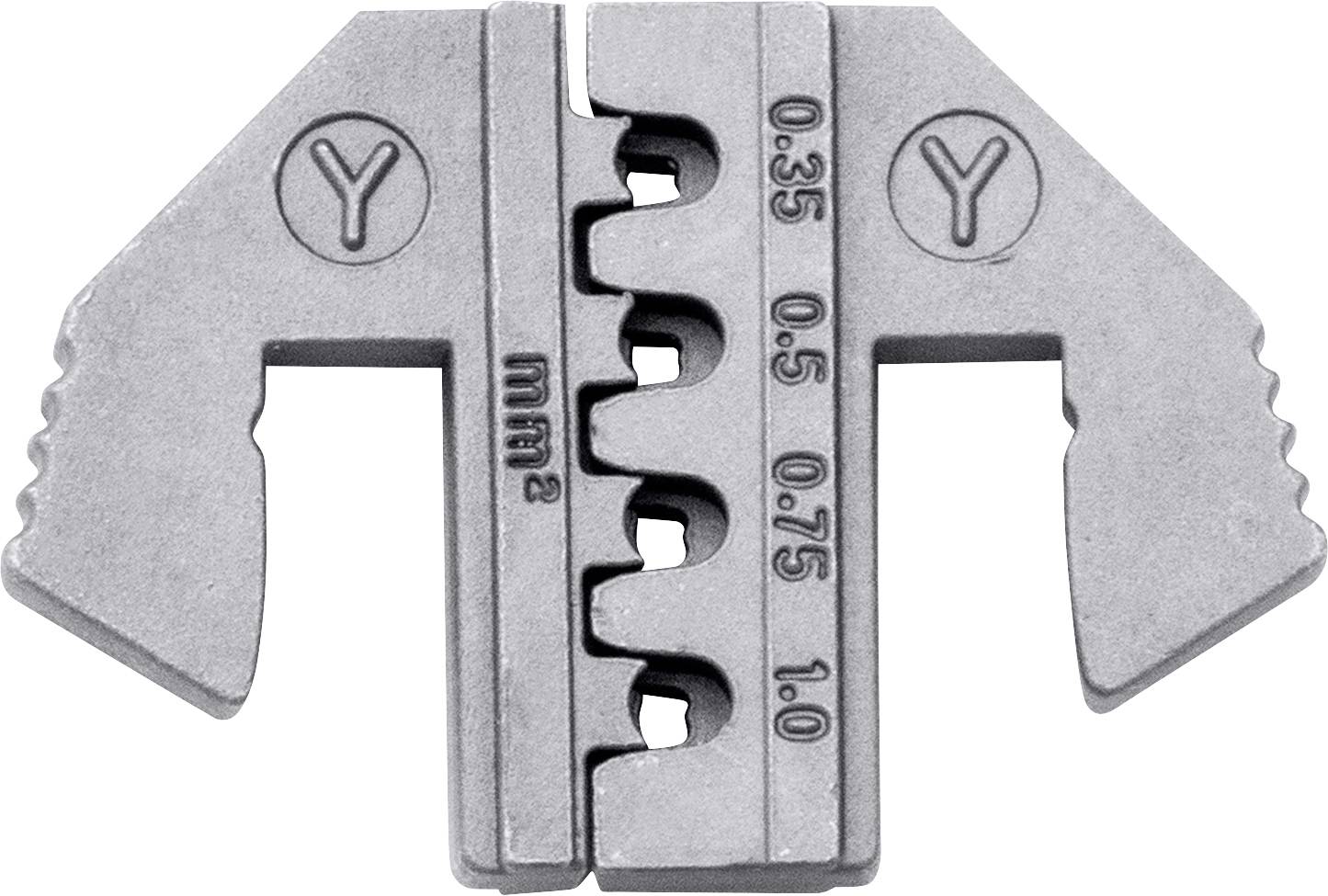 Een metalen gereedschap voor draadbewerking met vertandingen voor maatbepaling, gemarkeerd met '0,35', '0,5', '0,75', '1,0' mm².