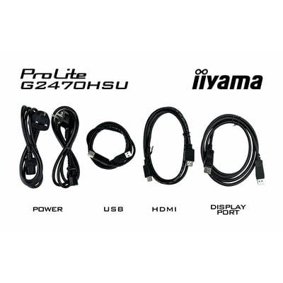 'Afbeelding van vier kabels voor de iiyama ProLite G2470HSU monitor: stroomkabel, USB, HDMI en DisplayPort, elk voorzien van een label.'