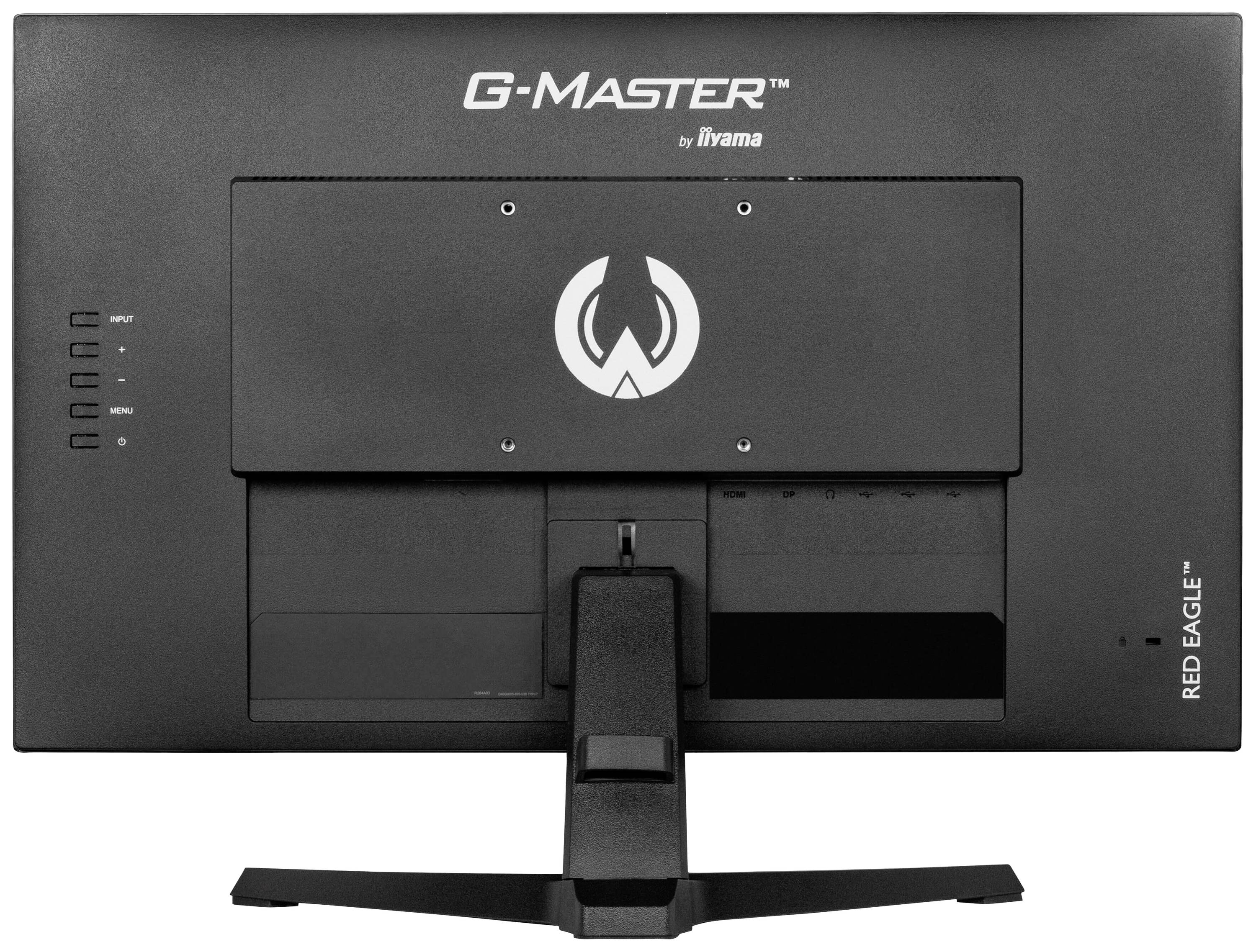 Achteraanzicht van een zwarte Iiyama G-Master Red Eagle monitor met standaard; toont de aansluitingen en het merklogo.