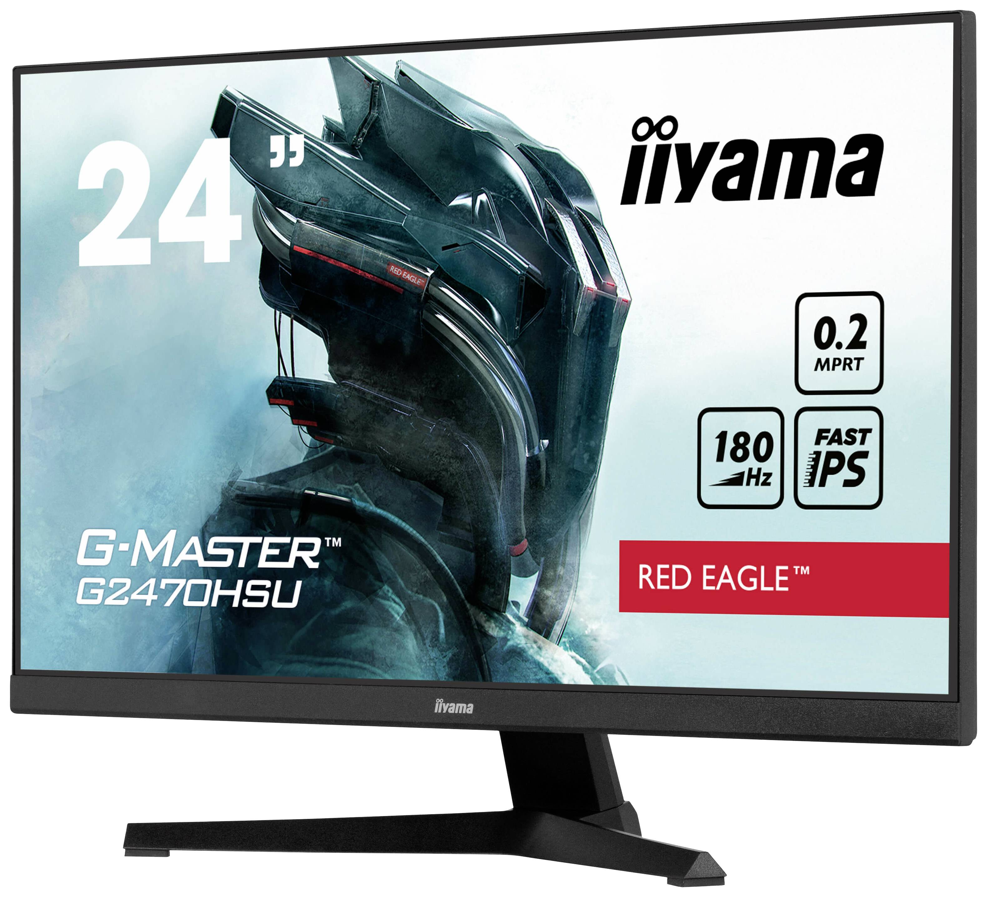 Een monitor van iiyama, model G-Master G2470HSU, 24 inch, 180 Hz, 0,2 MPRT, 'Red Eagle' serie, toont een futuristisch helmontwerp.