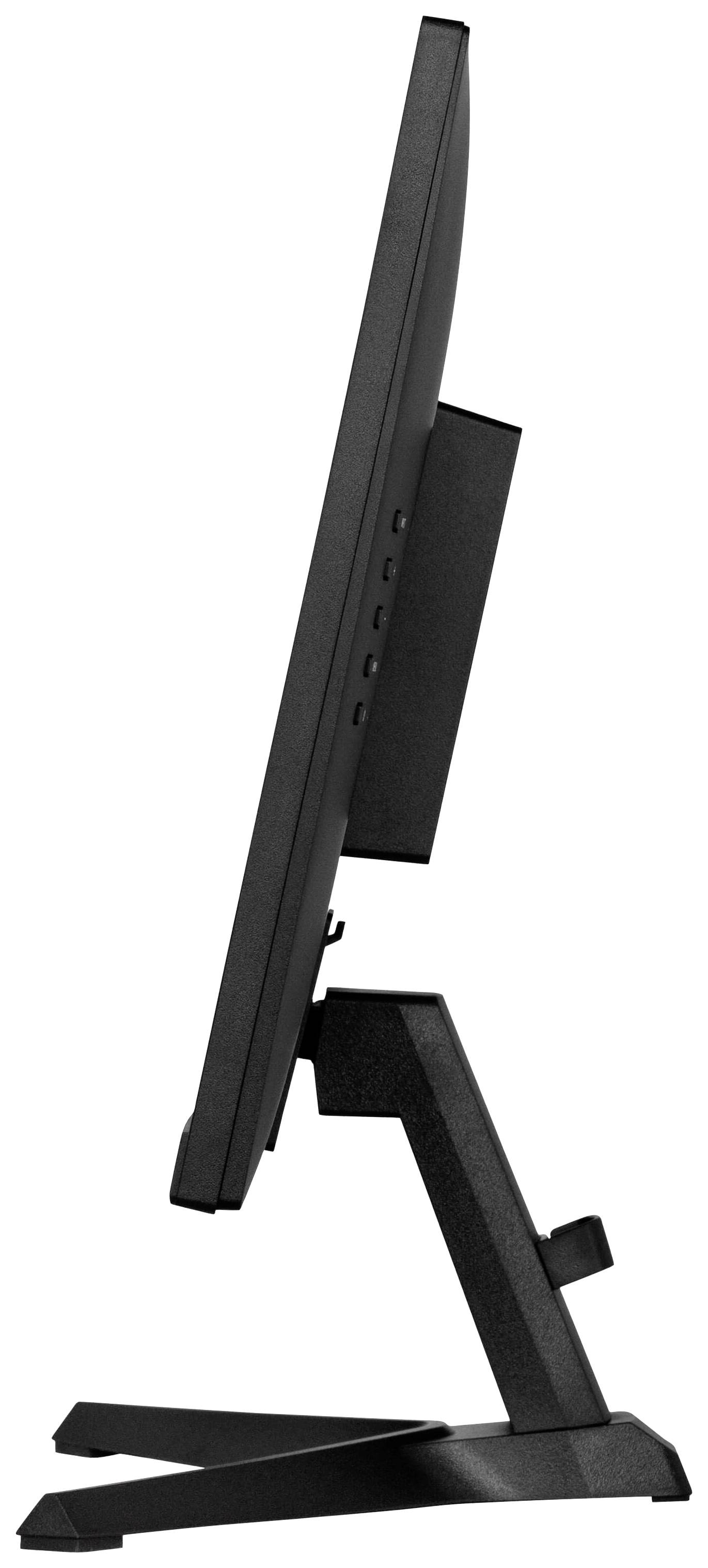 Zijaanzicht van een zwarte computermonitor op een standaard. Het scherm is plat en dun.