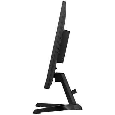 Zijaanzicht van een zwarte computermonitor op een standaard. Het scherm is plat en dun.
