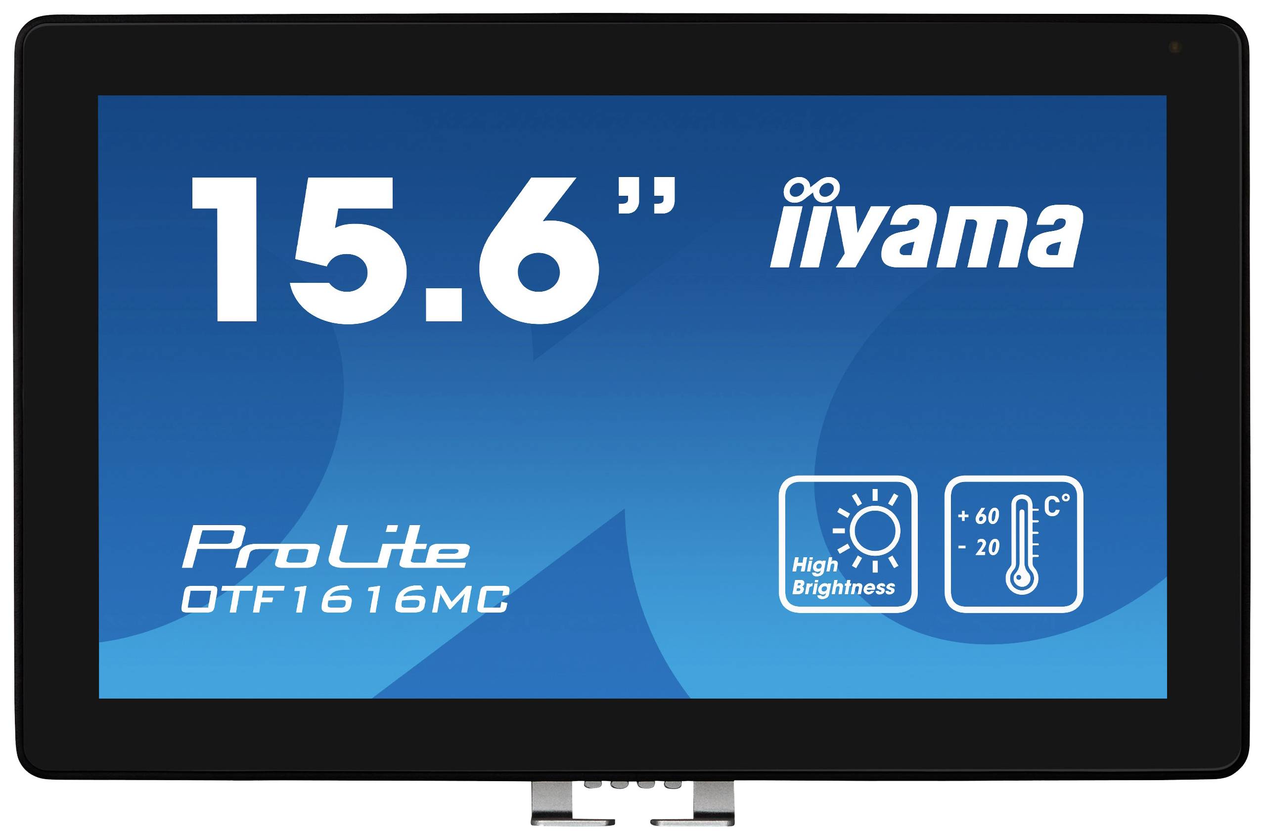 Een scherm toont: '15.6"' en 'iiyama ProLite'. Pictogrammen: hoge helderheid, temperatuurbereik van -20 tot 60 graden Celsius.