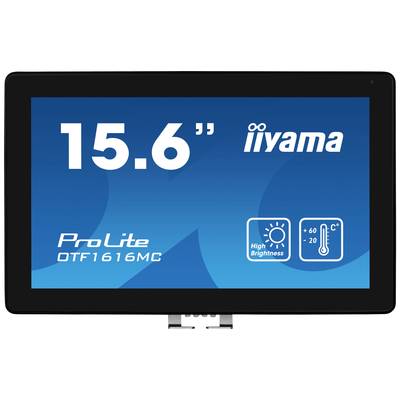 Een scherm toont: '15.6"' en 'iiyama ProLite'. Pictogrammen: hoge helderheid, temperatuurbereik van -20 tot 60 graden Celsius.