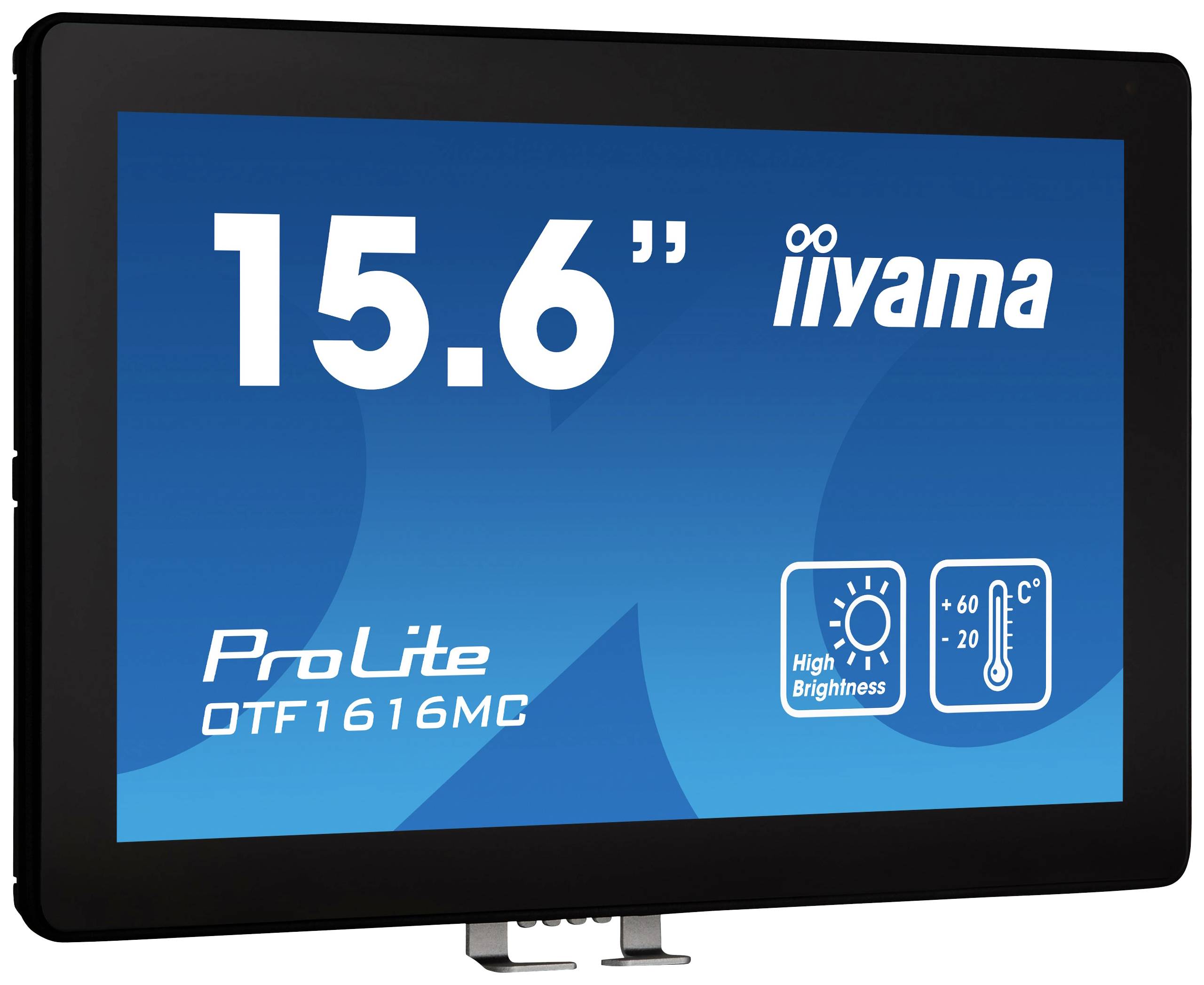 Een 15,6-inch scherm toont het logo 'iiyama', het modelnummer 'ProLite OTF1616MC', een symbool voor hoge helderheid en temperatuurwaarden van -20 tot +60 °C.