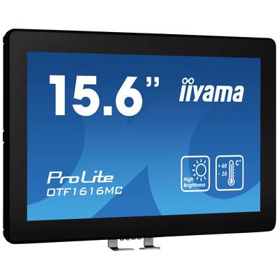 Een 15,6-inch scherm toont het logo 'iiyama', het modelnummer 'ProLite OTF1616MC', een symbool voor hoge helderheid en temperatuurwaarden van -20 tot +60 °C.