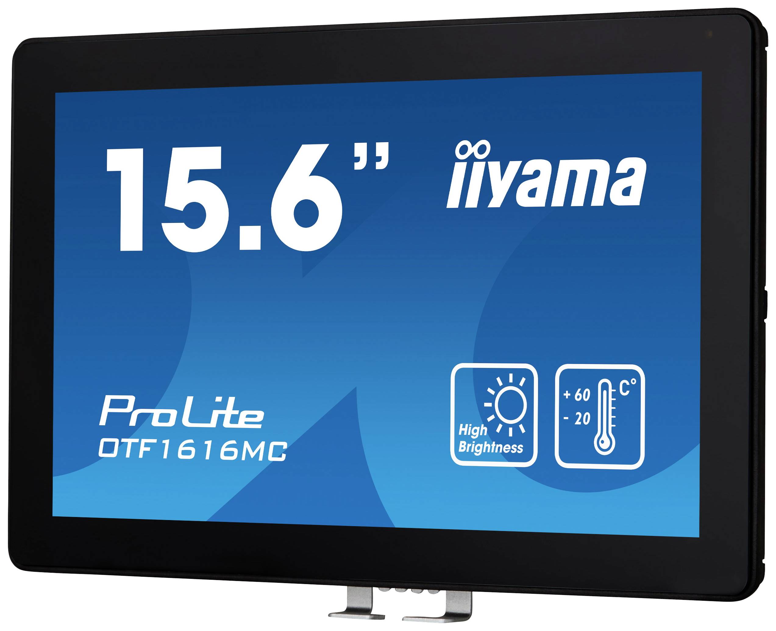 Een monitor met de opschrift '15,6"', 'iiyama', 'ProLite OTF1616MC', toont symbolen voor hoge helderheid en een temperatuurschaal van -20 tot 60°C.