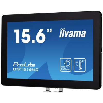 Een monitor met de opschrift '15,6"', 'iiyama', 'ProLite OTF1616MC', toont symbolen voor hoge helderheid en een temperatuurschaal van -20 tot 60°C.