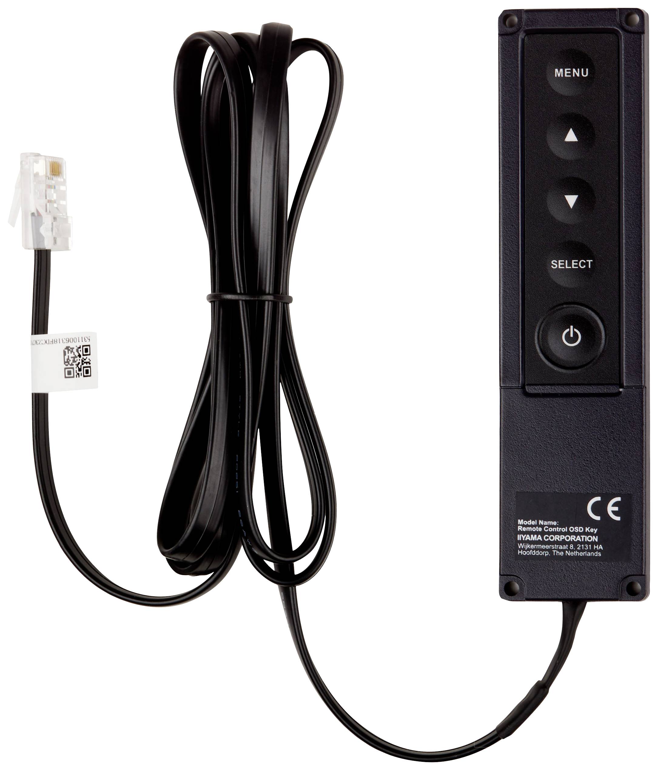 Zwart kabel met rechthoekig bedieningspaneel. Het bedieningspaneel heeft drie toetsen: 'Menu', 'Select' en 'Power'. Een witte stekker bevindt zich aan het andere uiteinde.