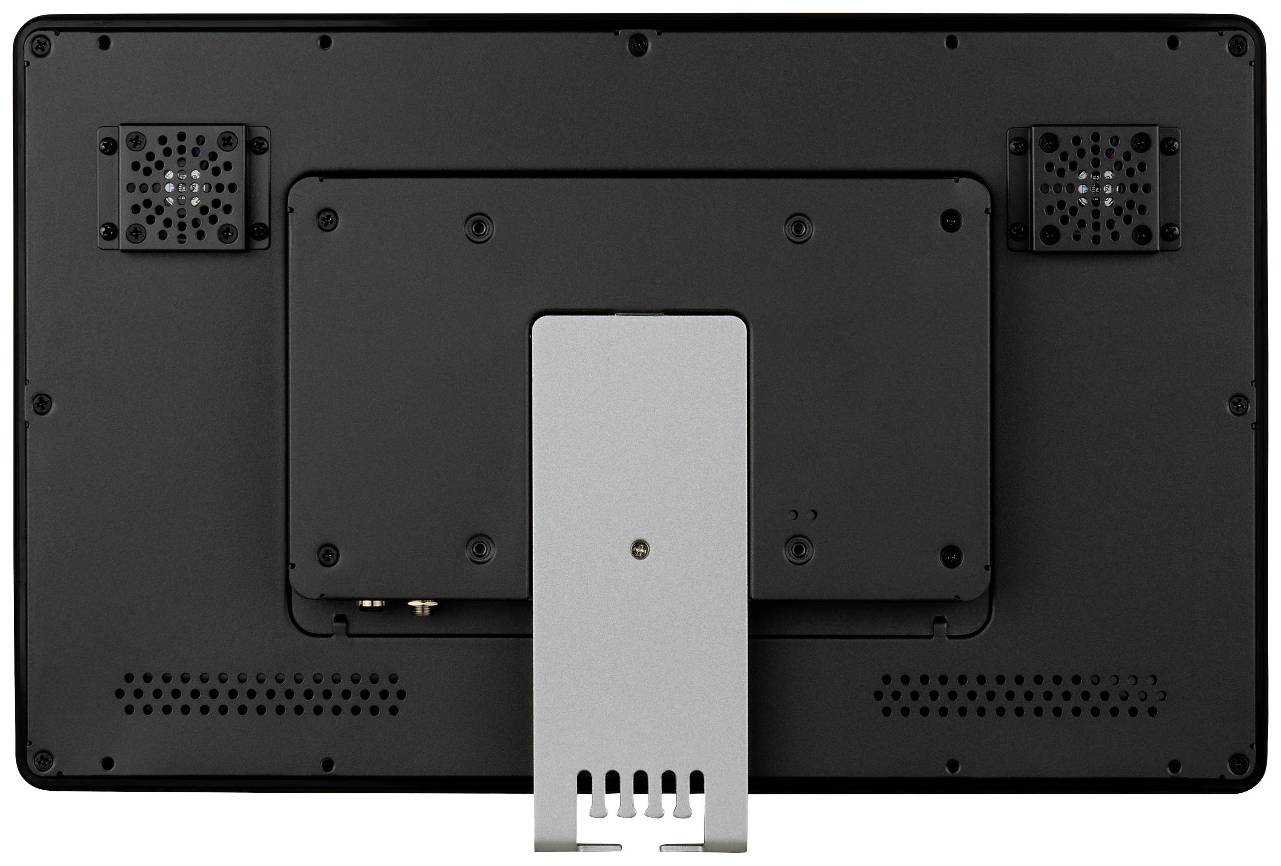 Achterkant van een zwarte computermonitor met VESA-bevestigingssteun en ventilatierooster, toont een monteerbare standaard.