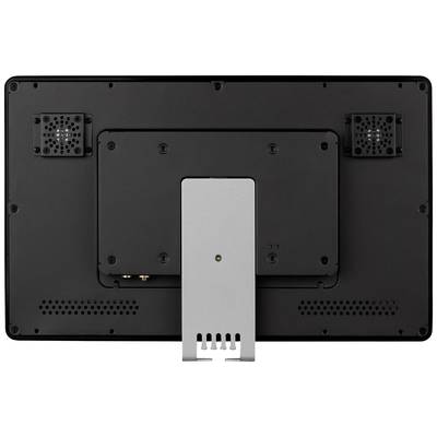 Achterkant van een zwarte computermonitor met VESA-bevestigingssteun en ventilatierooster, toont een monteerbare standaard.