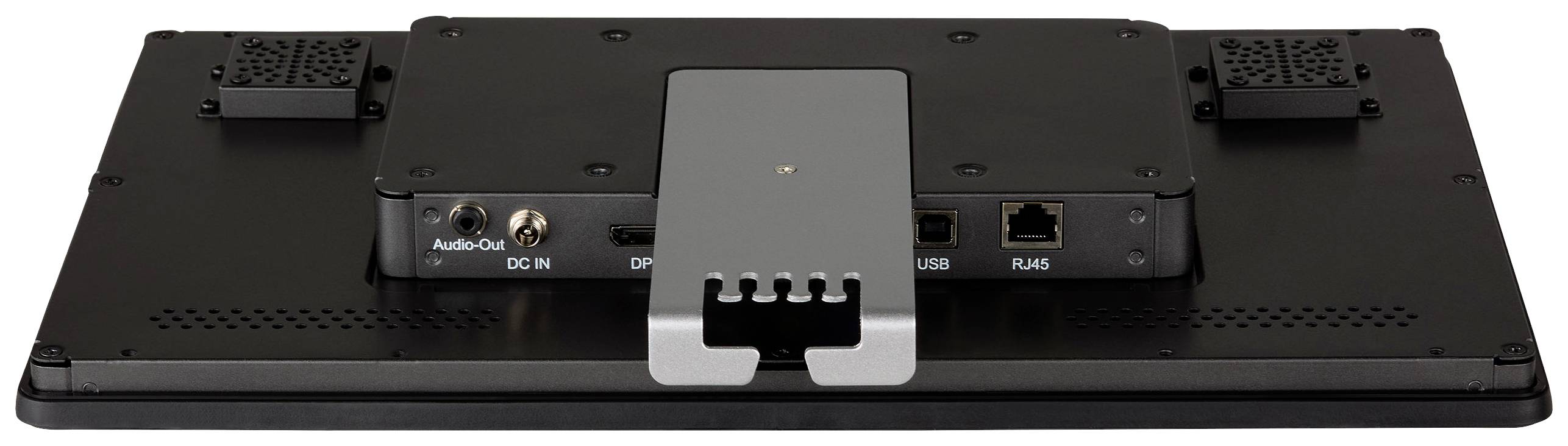 Achterzijde van een monitor met aansluitingen voor audio-uitgang, DC-IN, DisplayPort, USB en RJ45, gemonteerd op een standaard.