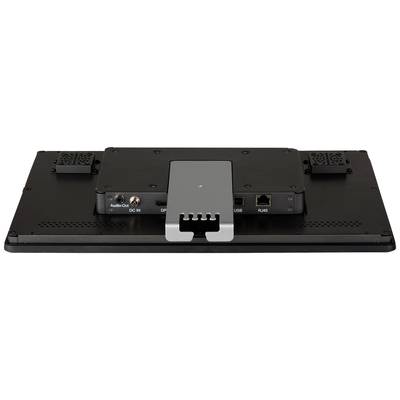 Achterzijde van een monitor met aansluitingen voor audio-uitgang, DC-IN, DisplayPort, USB en RJ45, gemonteerd op een standaard.