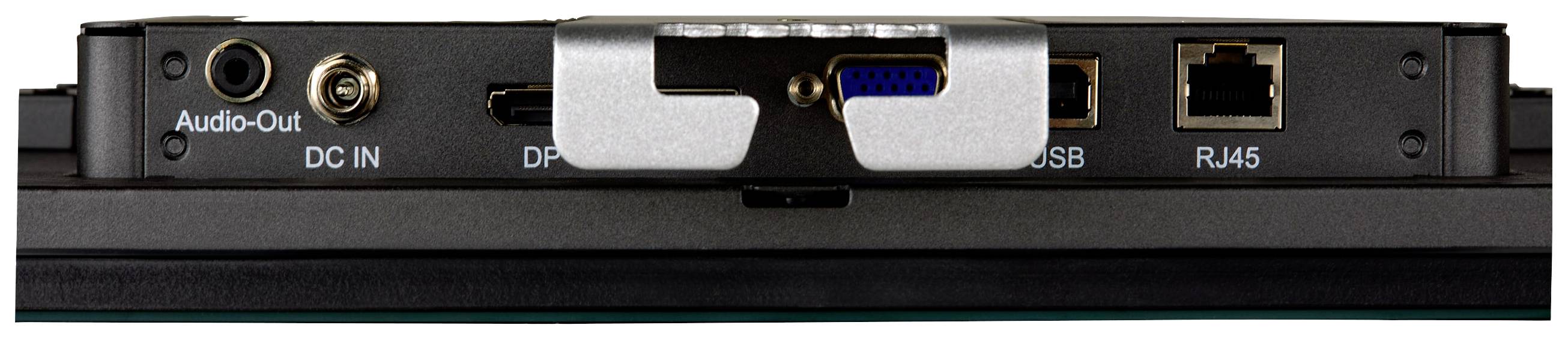 Achterkant van een monitor met aansluitingen: audio-uitgang, stroomvoorziening, DisplayPort, VGA, USB en Ethernet (RJ45).
