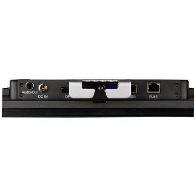 Achterkant van een monitor met aansluitingen: audio-uitgang, stroomvoorziening, DisplayPort, VGA, USB en Ethernet (RJ45).