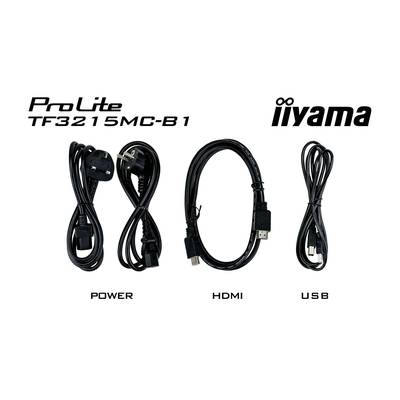 'Hoofdafbeelding toont drie kabels voor stroom, HDMI en USB, passend bij de iiyama ProLite TF3215MC-B1 monitor.'
