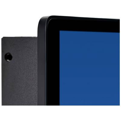 Hoek van een zwart elektronisch apparaat zichtbaar met een blauw scherm. De behuizing heeft een zwarte, matte oppervlakte.