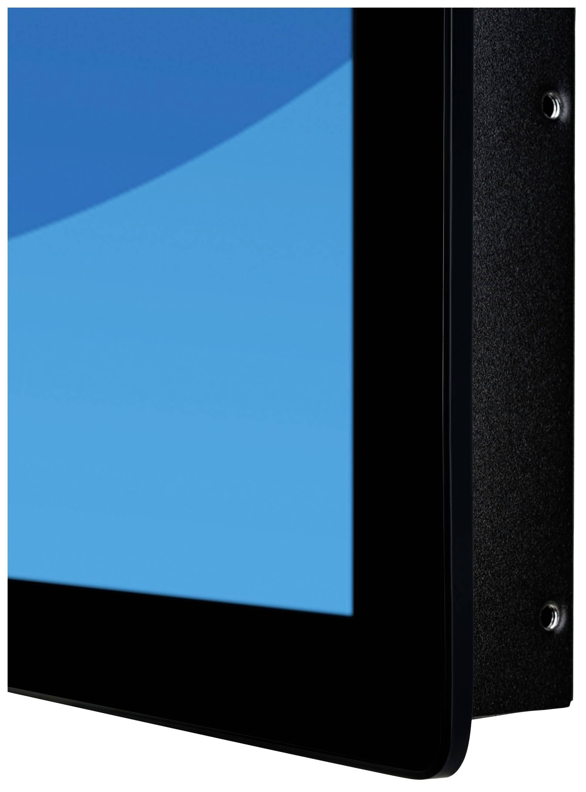 Een close-up van een flatscreen met een zwarte rand en een blauw scherm. Schroeven zijn zichtbaar aan de zijkant.