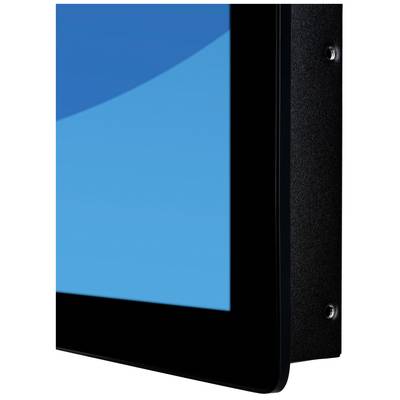 Een close-up van een flatscreen met een zwarte rand en een blauw scherm. Schroeven zijn zichtbaar aan de zijkant.