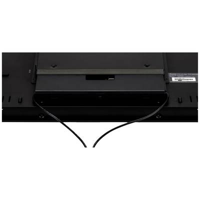 Achterzijde van een monitorbehuizing met open kabelaansluiting. Twee kabels lopen van de aansluiting naar beneden.