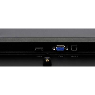 Achterkant van een monitor met drie aansluitingen: HDMI, VGA en USB-B.