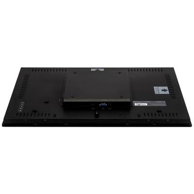 Achterkant van een zwart flatscreen met aansluitingen in het midden. Boven en onder bevinden zich pijlen ter oriëntatie.