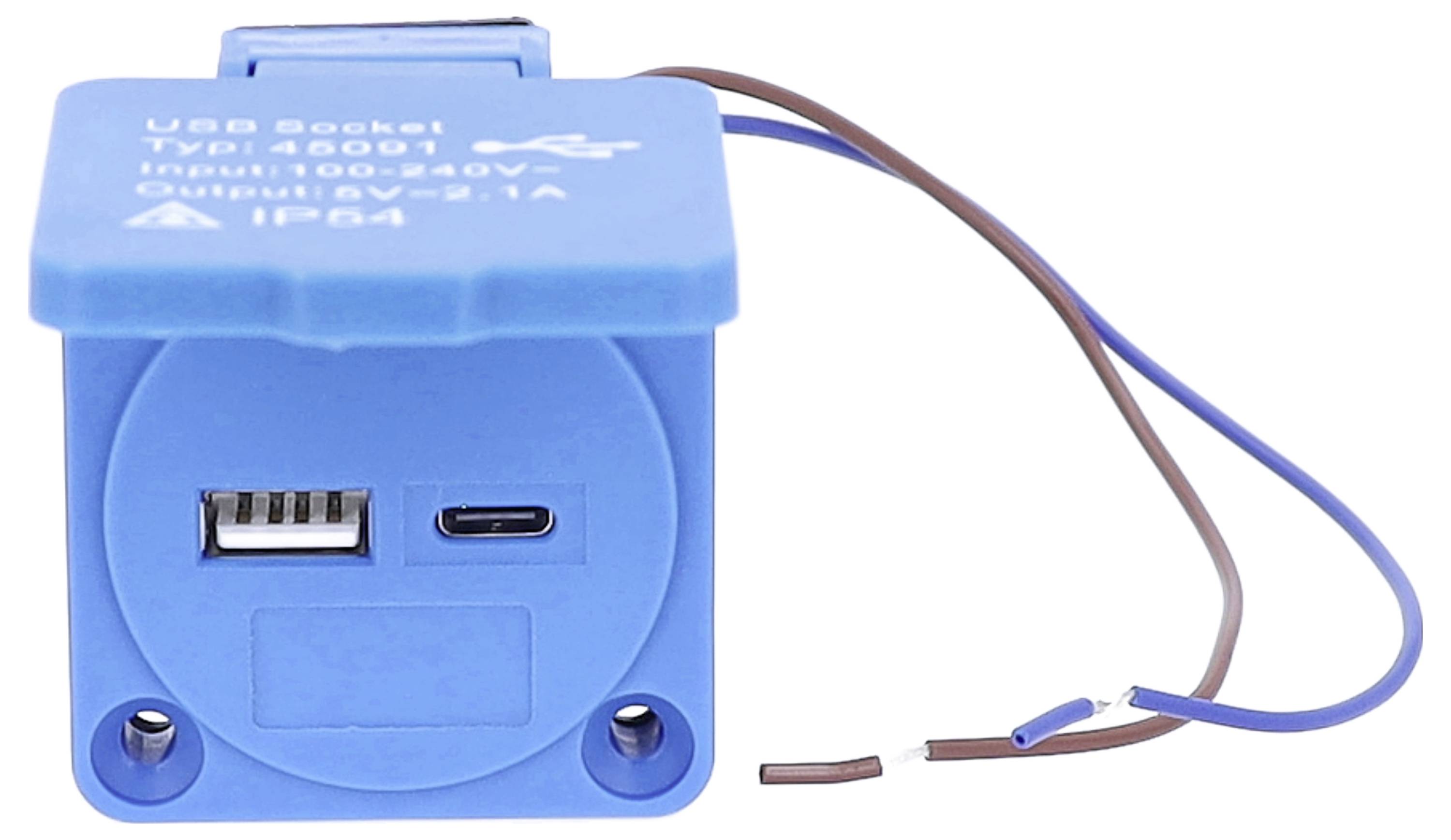 'Blauwe USB-aansluiting met invoer 100-240V en uitvoer 5V 1,1A, voorzien van een USB-A-poort en een USB-C-poort.'