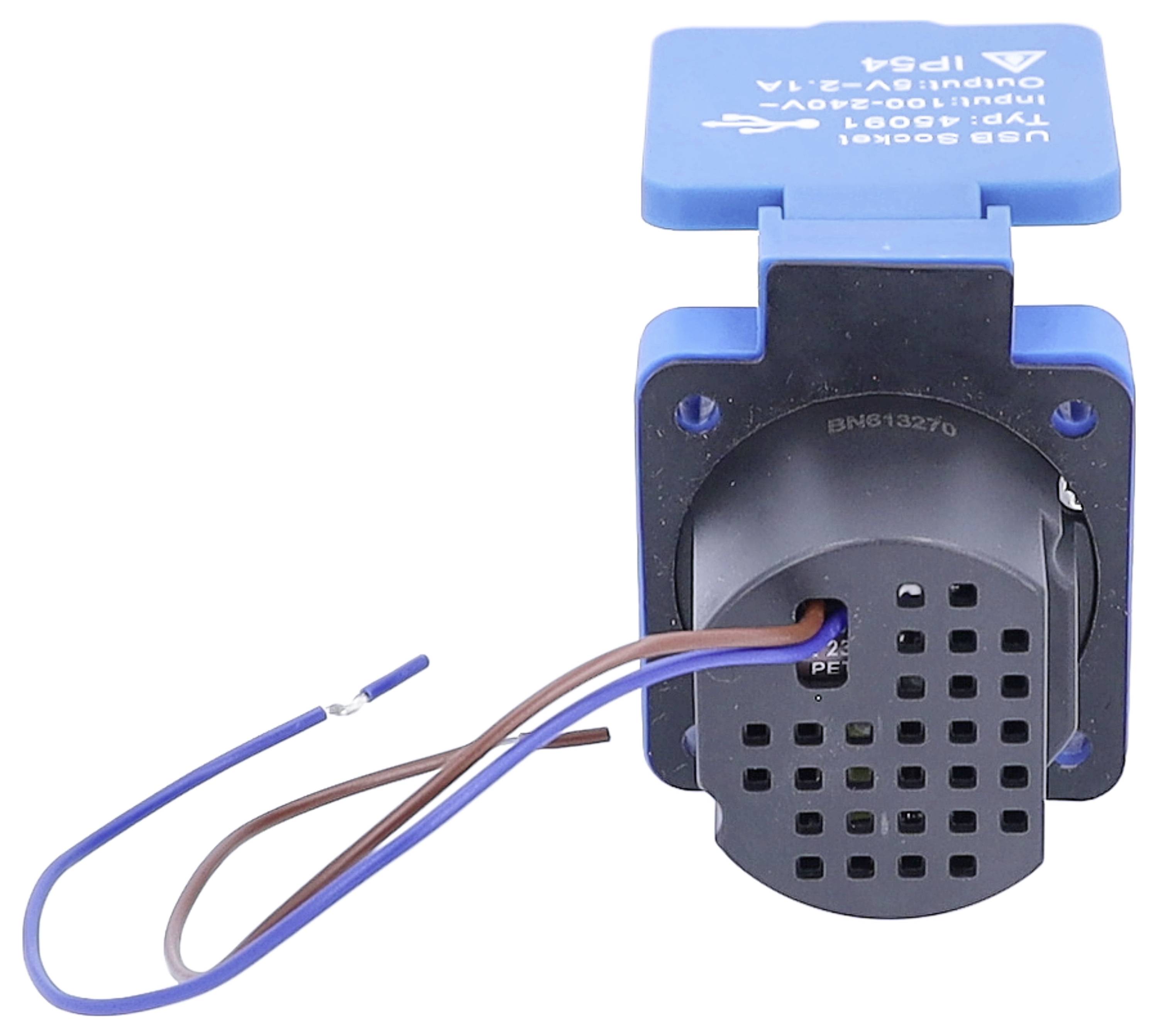 Een blauwe USB-aansluiting met een beschermende afdekking, waarbij de bedrading aan de achterkant zichtbaar is met blauwe en bruine draden.