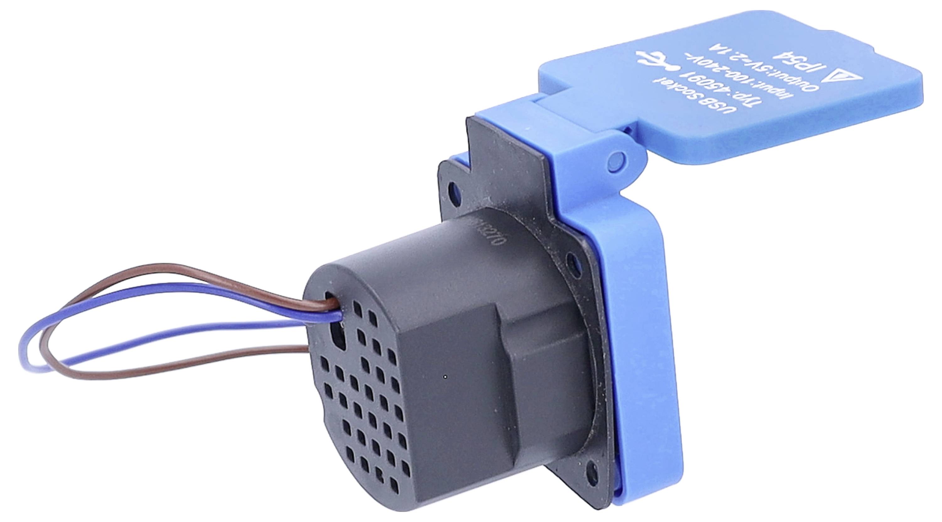 'Een blauwe voertuigstekkerbehuizing met een bedrade connector die wordt gebruikt voor aansluiting van aanhangerlichten, voorzien van een roosterachtig patroon aan de stekkeruiteinde.'