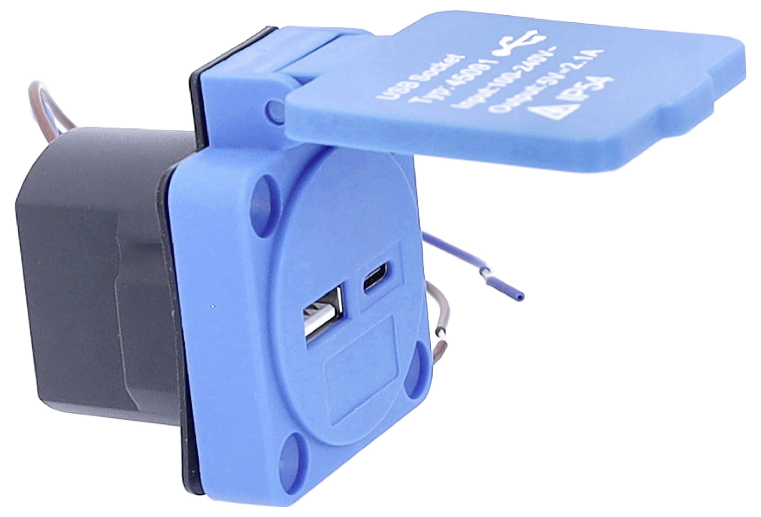 Blauwe USB-oplaadpoort met beschermende klapklep, met een USB Type-A en een USB Type-C-poort, ontworpen voor paneelmontage.
