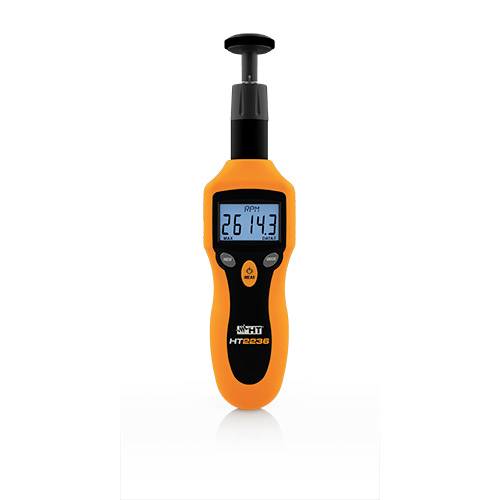 Een digitale toerenteller met een oranje behuizing toont '2614.3 RPM' op een blauw display.