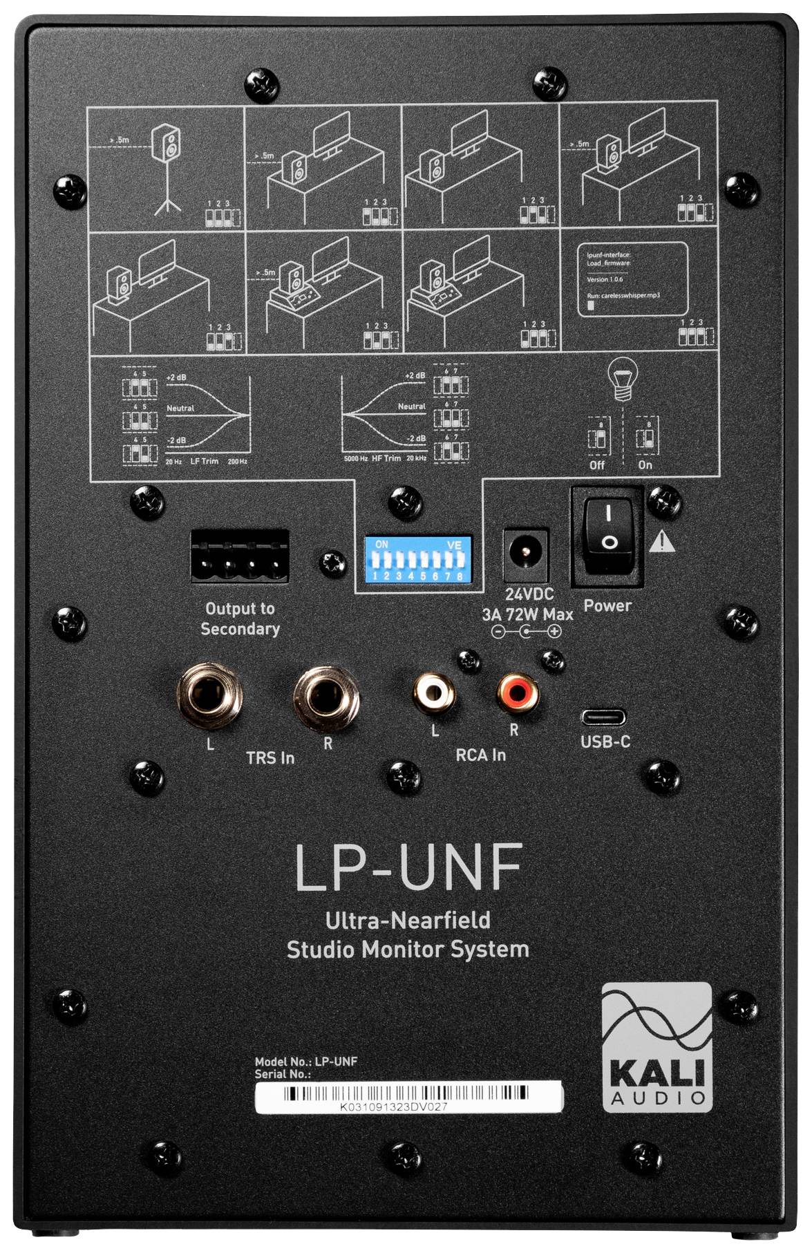 'LP-UNF' achterkant toont verschillende aansluitingen: voeding, USB-C, RCA, TRS. Tekeningen bovenaan leggen de bedradingsopties uit.