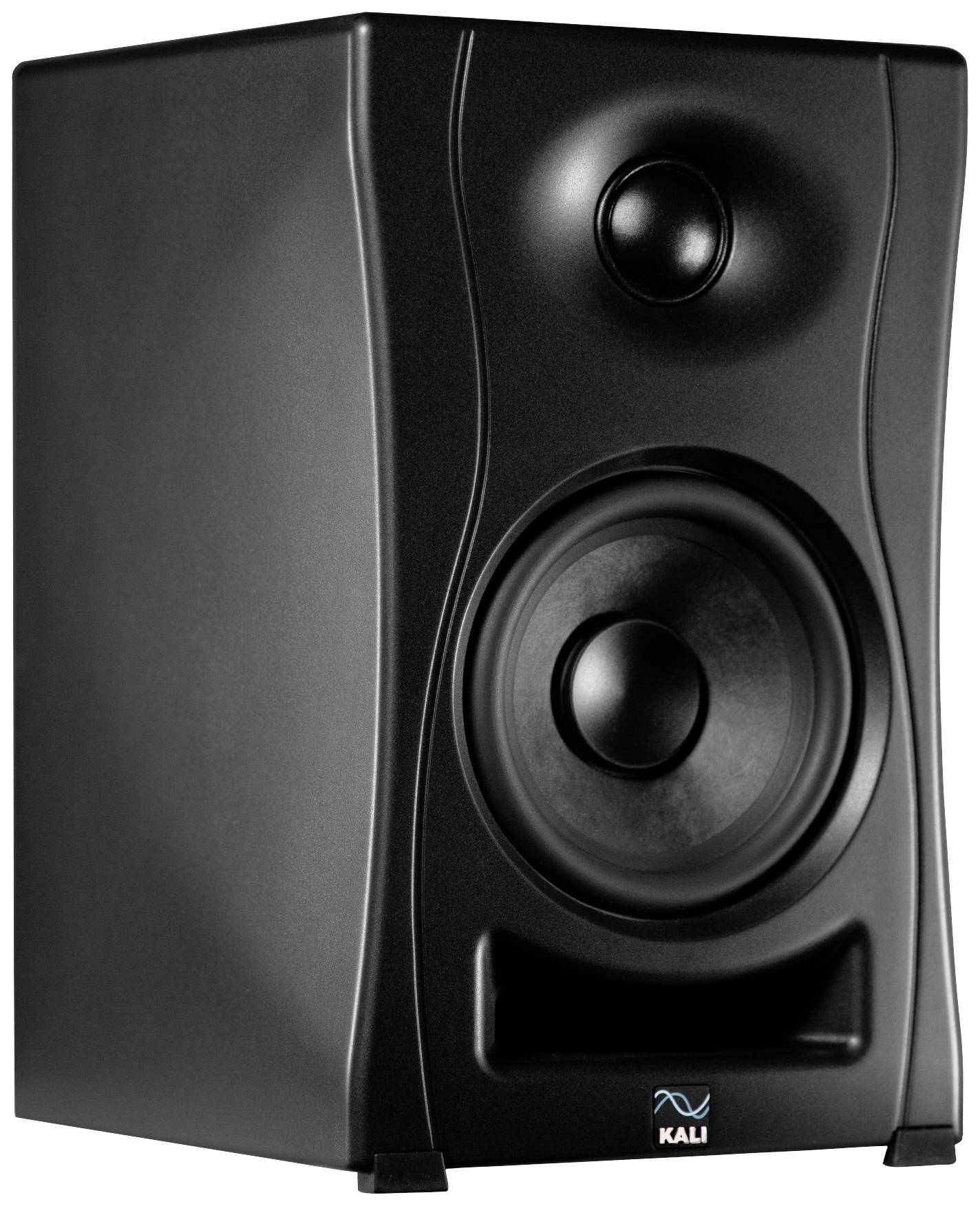 Een zwarte luidspreker met twee zichtbare luidsprekers, een tweeter bovenaan en een grote woofer eronder.