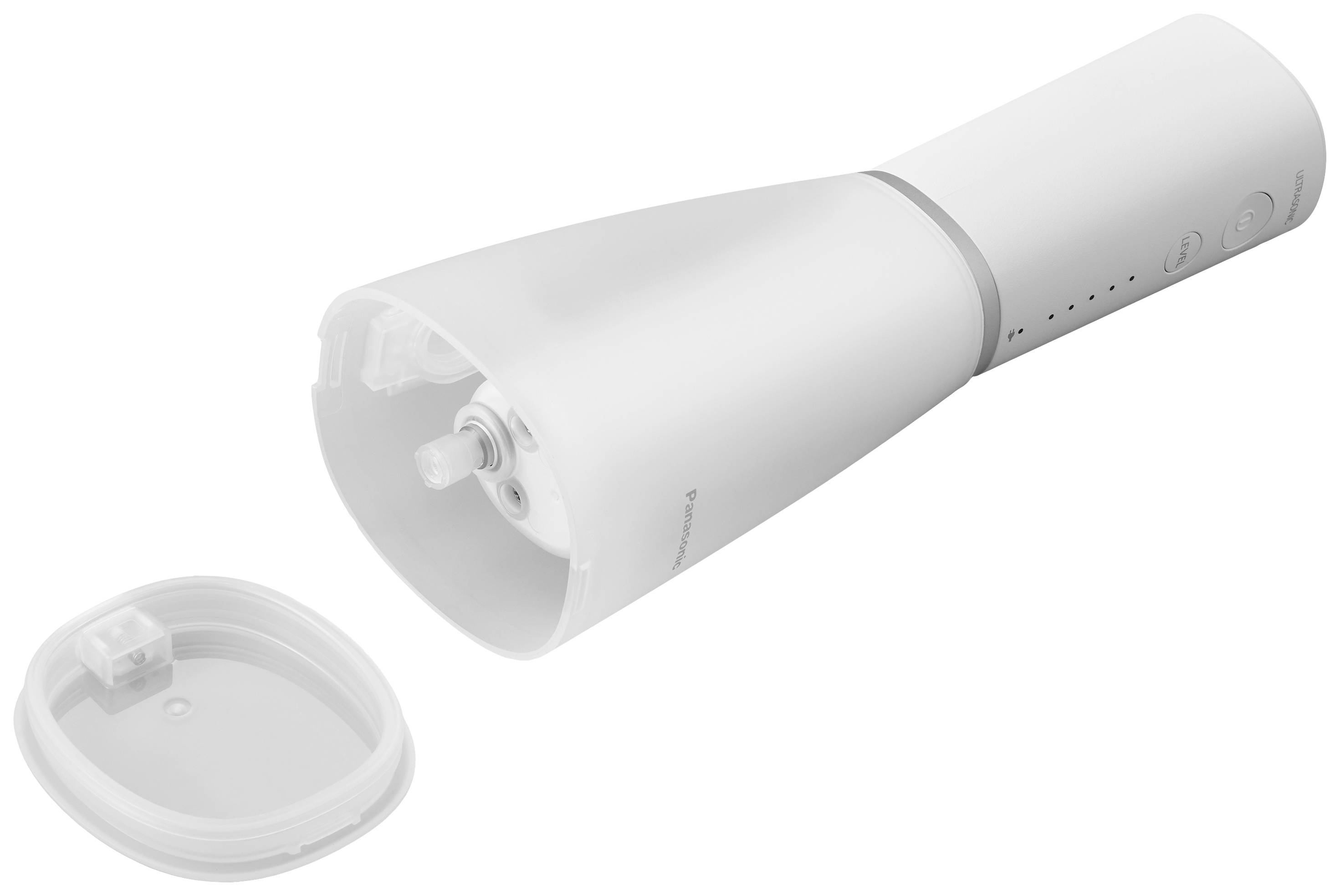 Elektrische handmixer in het wit met verwisselbare opzetstukken. Knoppen aan de zijkant, geschikt voor verschillende mengprocessen.