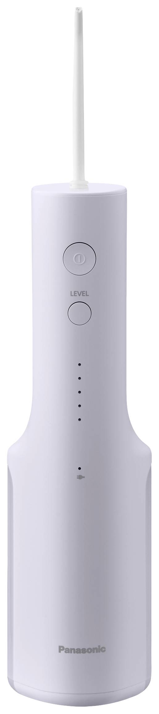 Draagbare witte waterflosser met een ronde aan-knop, vijf drukniveaus aangeduid door LED-lampjes, merk onderaan.