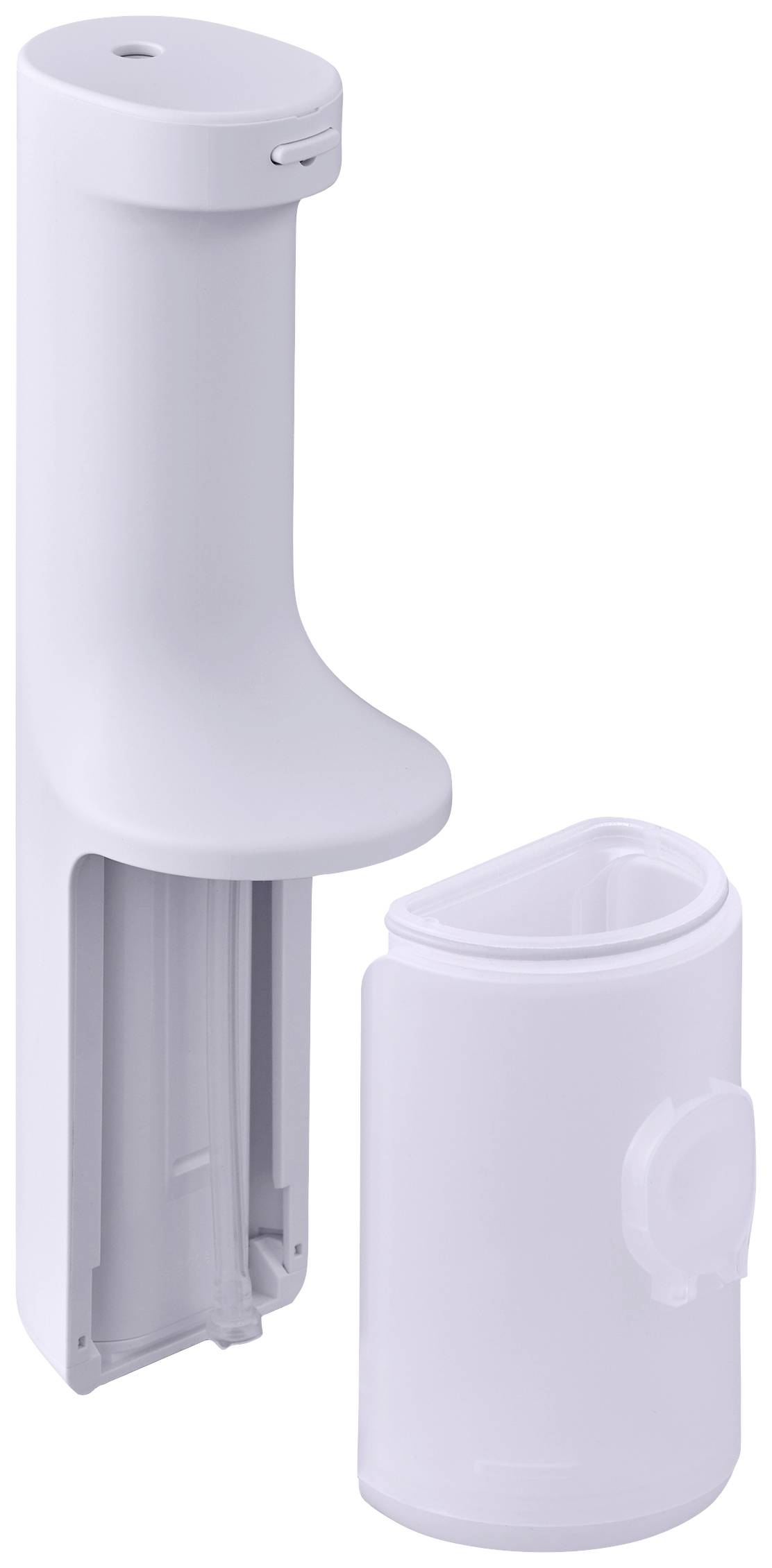 Een witte automatische zeepdispenser met verwisselbare navulcassette, klaar om vloeibare zeep te dispenseren.