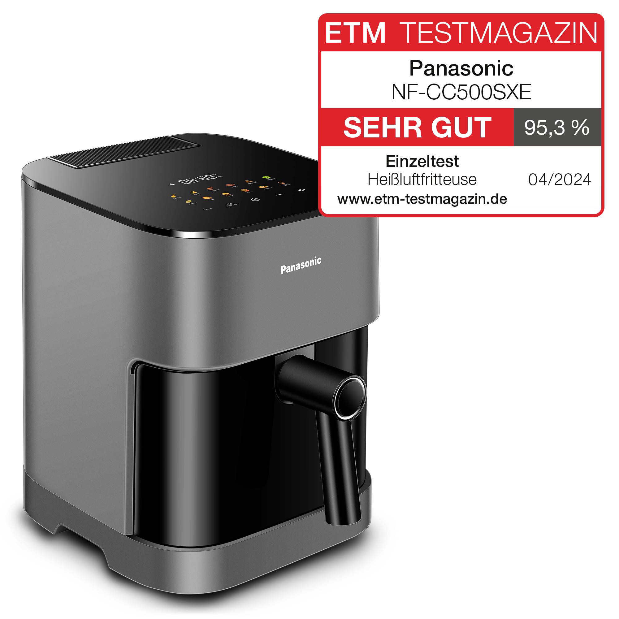'Panasonic NF-CC500SXE Airfryer. Getest door ETM TESTMAGAZIN, beoordeling: zeer goed, 95,3%, 04/2024.'