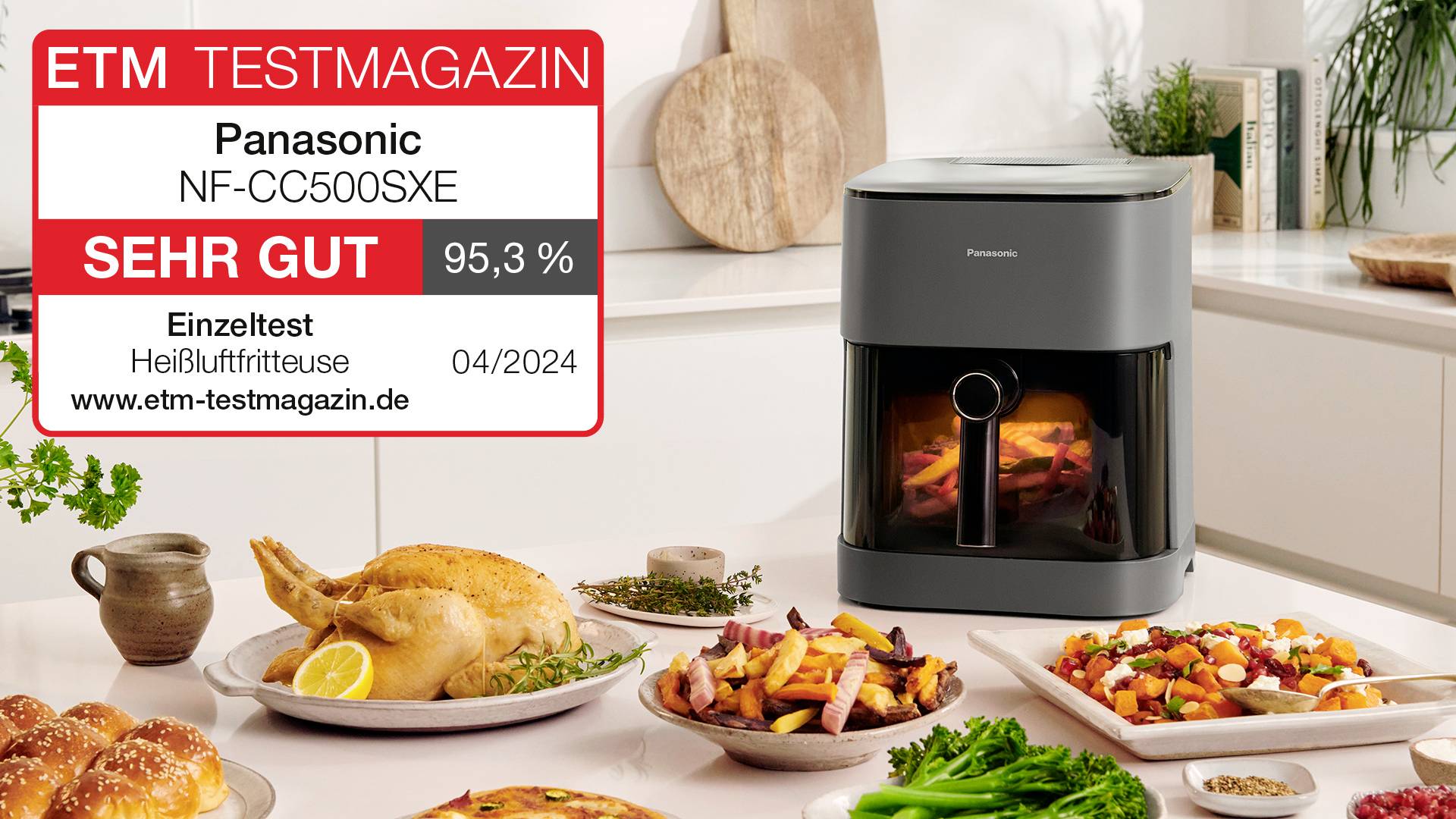 'ETM Testmagazin' beoordeelt de heteluchtfriteuse Panasonic NF-CC500SXE met 'Zeer goed' (95,3%). Op de afbeelding staat de friteuse met eten op een tafel.