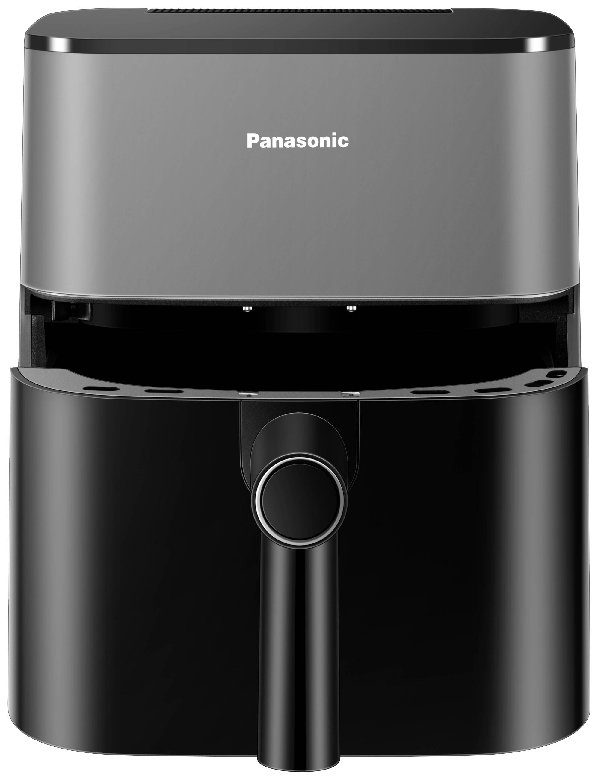 Zwarte Panasonic heteluchtfriteuse met uitneembare mand, geschikt voor vetarm frituren en bakken van voedsel.