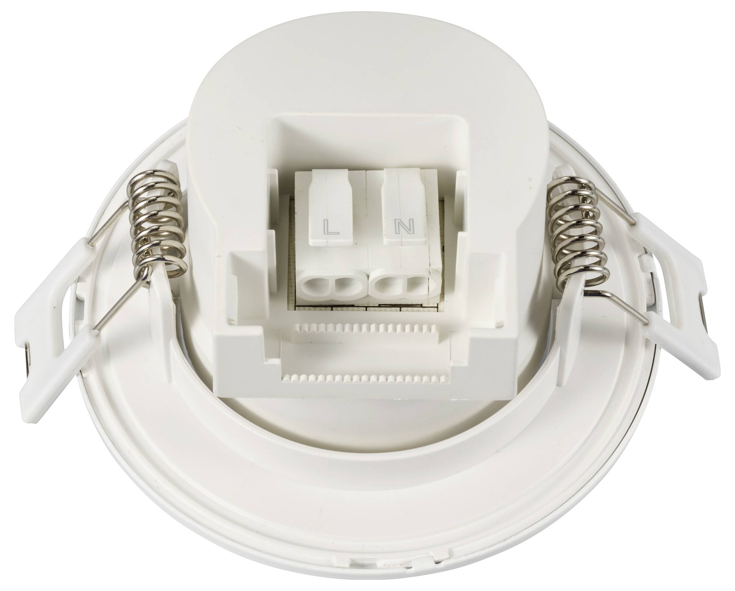 Plafondlampfitting met witte kunststof klemmen, gemarkeerd met 'L' en 'N', en twee metalen veren voor bevestiging aan het plafond.