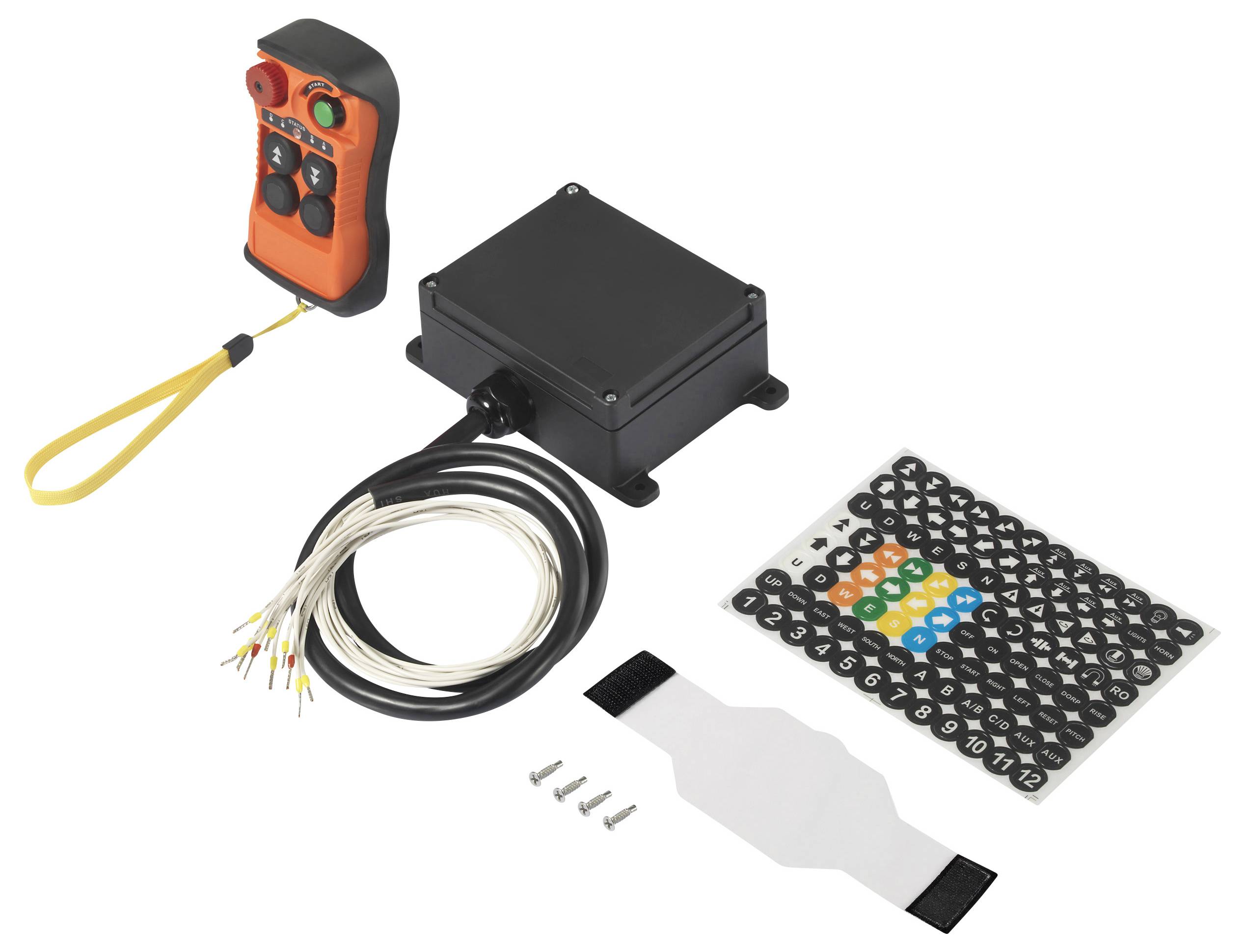 Draadloze afstandsbediening met ontvangstbox, kabel, schroeven, afdekking en stickers. Set voor draadloze apparaatbediening.