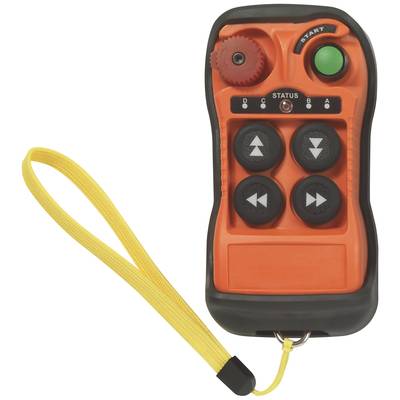 Het beeld toont een oranje afstandsbediening met zes zwarte toetsen, een groene knop rechtsboven en een geel draaglint.