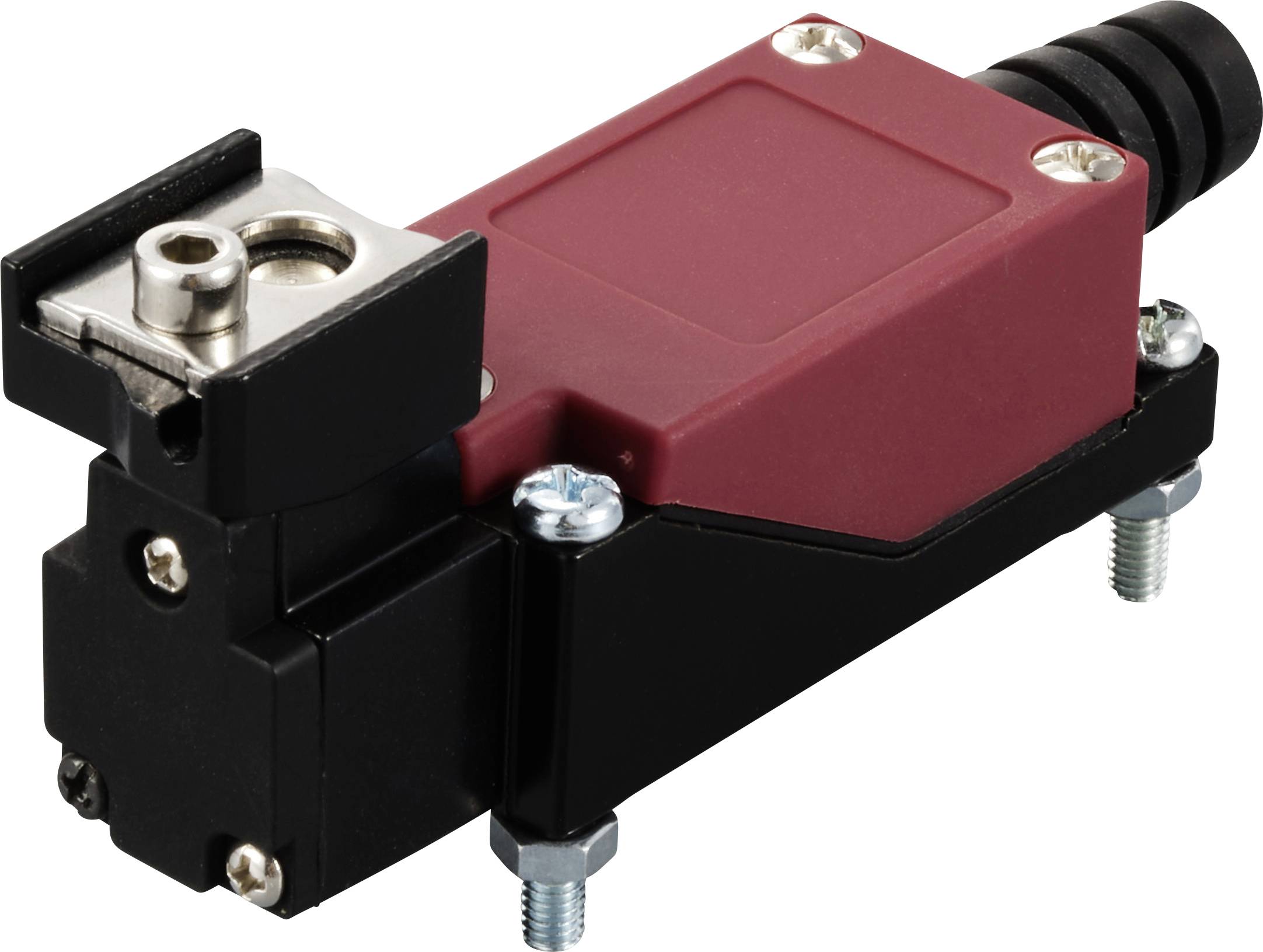 Industriële schakelaar met een rood behuizing en een zwarte voet, gemonteerd met schroeven. Gebruikt voor mechanische besturingssystemen.