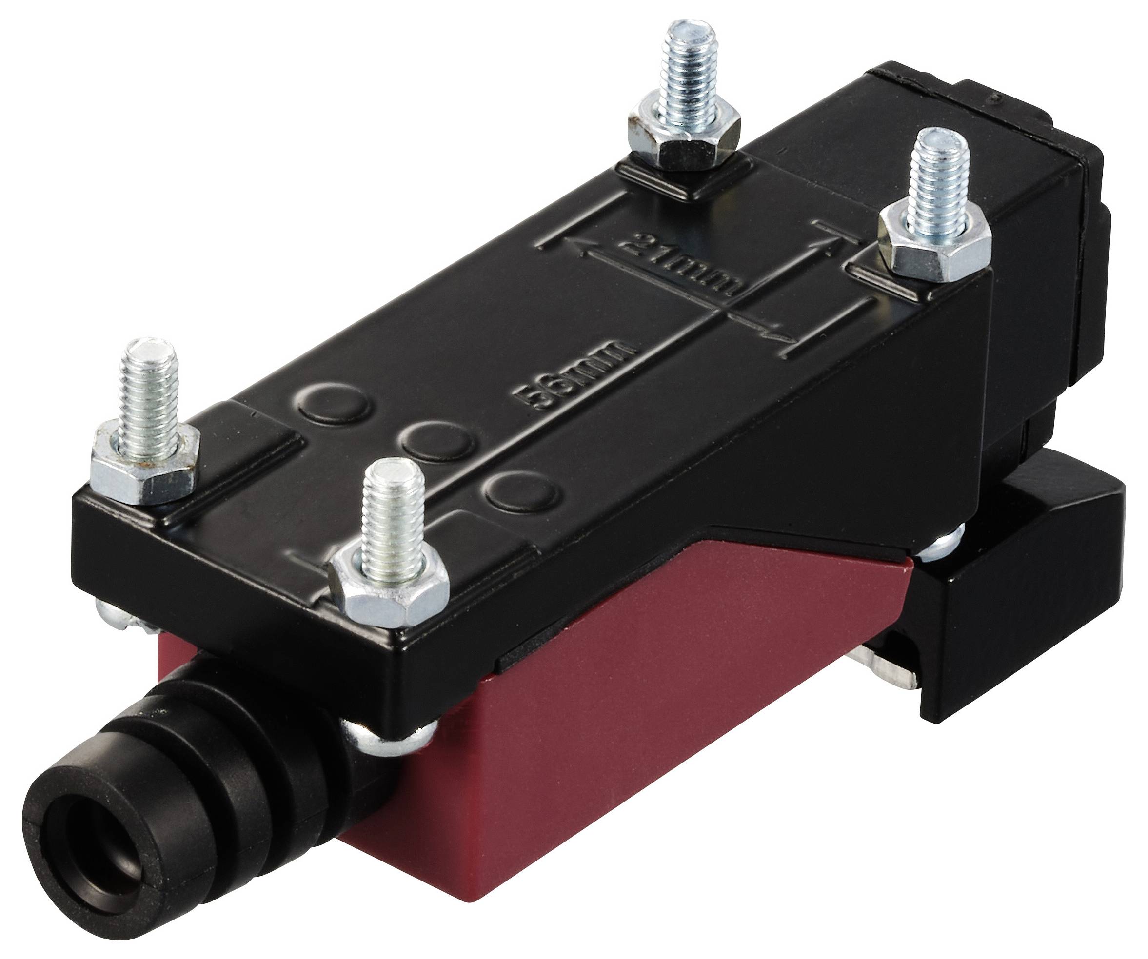Een zwarte elektrische schakelaar met vijf metalen bouten en een steekverbinding, gemonteerd op een rode basis.