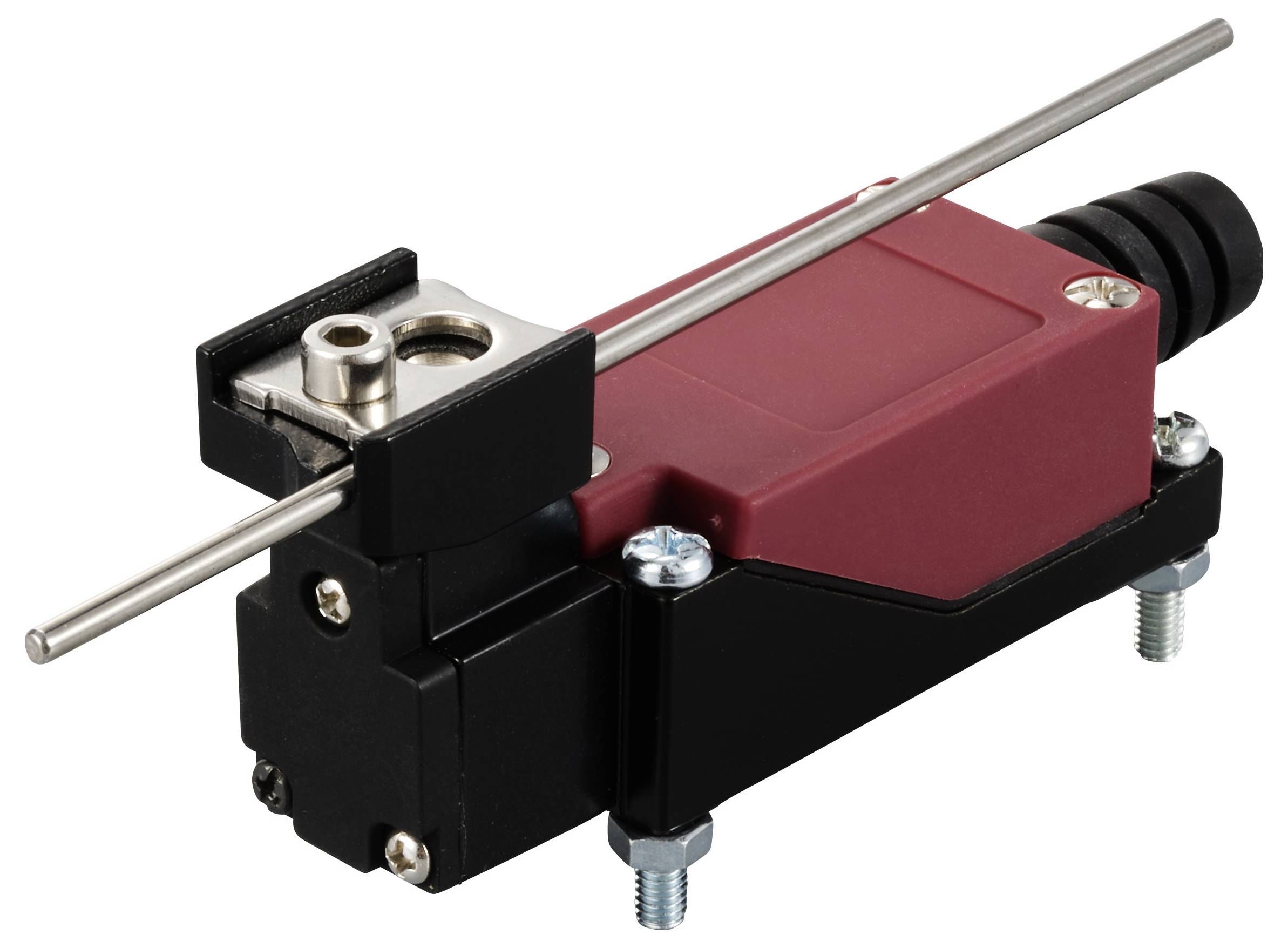 Rode microschakelaar met hefboomarm, gemonteerd op zwarte behuizing, toont mechanisch component voor besturingstoepassingen.