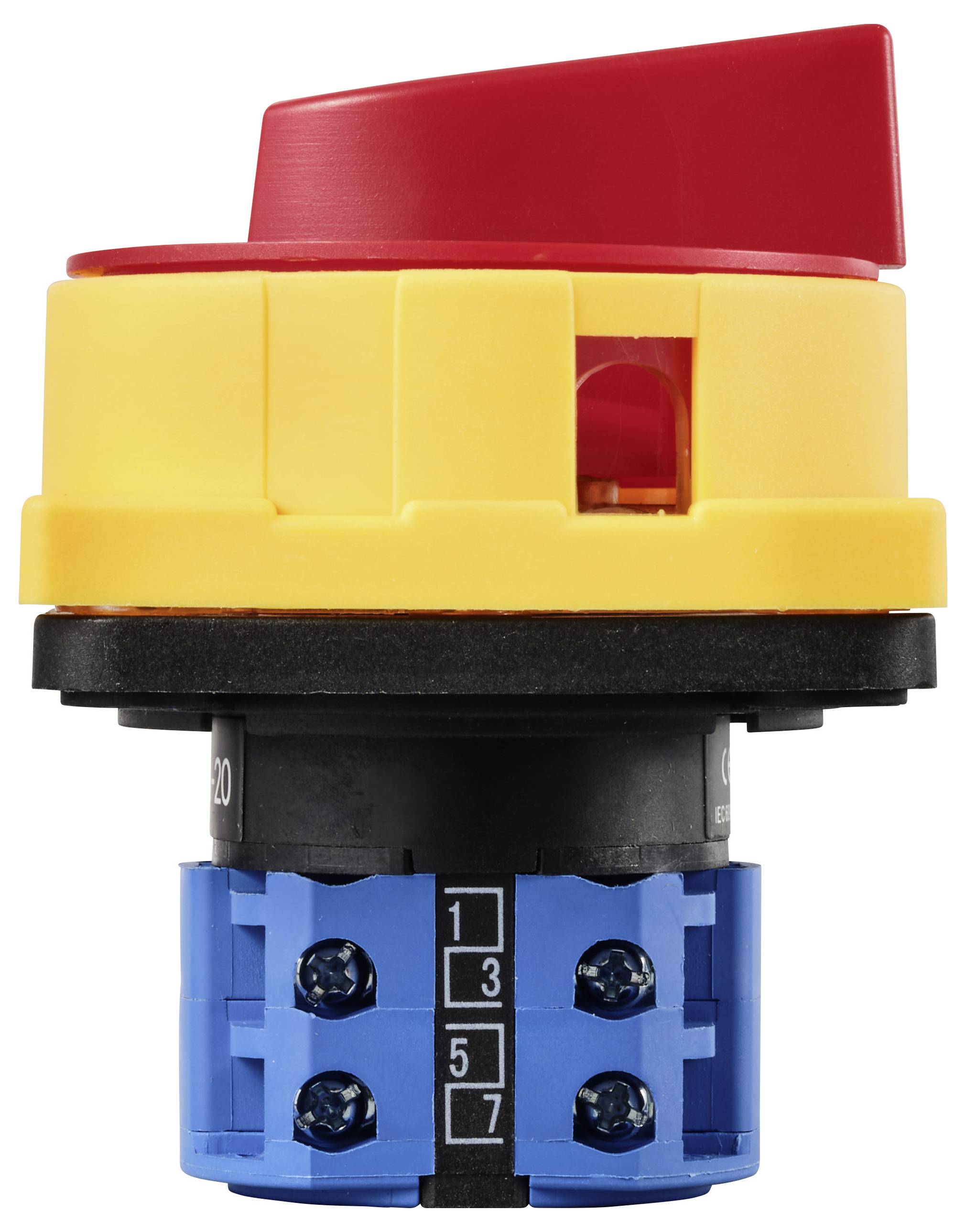 Noodstopschakelaar, rood en geel, met blauwe voet. Gebruikt voor het onderbreken van elektrische verbindingen in noodsituaties.