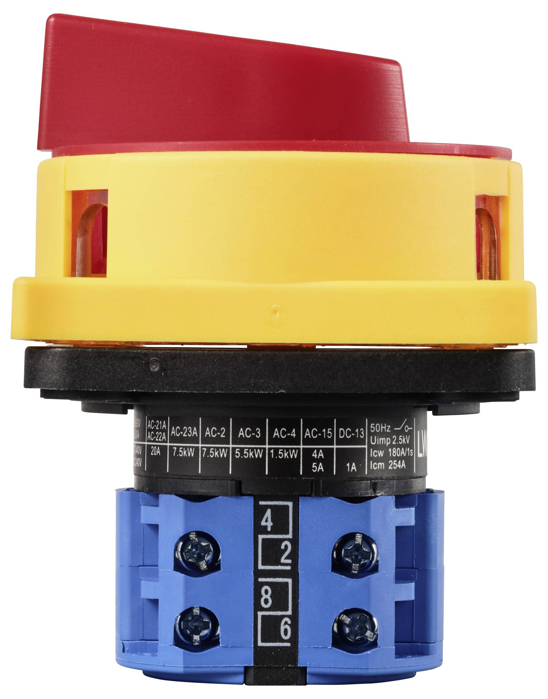 Een rode noodstopschakelaar op een gele voet, onderaan een blauw aansluitgebied met vier schroeven en aanduidingen voor elektrische belasting.